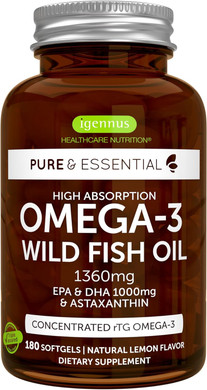 Igennus Ultra Pure Omega 3 Triglyceride Rtg Wild Fish Oil 1360Mg, Ifos Certified, For Women & Men, Fatty Acids Epa & Dha 1000Mg & Astaxanthin, Non-Gmo, 180 Softgels