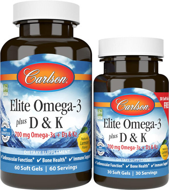 Carlson - Elite Omega-3 Plus D & K, 700 Mg Omega-3S + D3 & K2, Function, Bone Health & Immune Support, Lemon, 60+30 Softgel