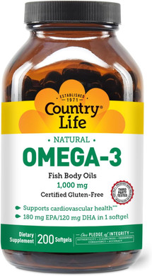 Country Life Omega-3 Fish Oil Supplement, 1000Mg, 180Mg Epa & 120Mg Dha, Fish Oil Concentrate, Burpless, 200 Softgels, Certified Gluten Free