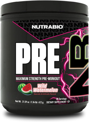 Nutrabio Pre Workout Powder - New Formula- Sustained Energy, Mental Focus, Endurance - Beta Alanine, Caffeine, Electrolytes - 20 Servings - Wild Watermelon