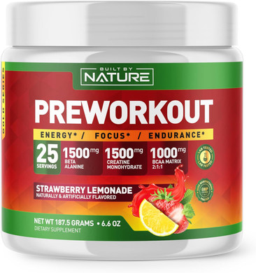 Built By Nature Pre Workout Powder With Beta Alanine, Creatine Monohydrate, Bcaa, L Citrulline, L Arginine And Caffeine - Strawberry Lemonade Flavor - 25 Servings