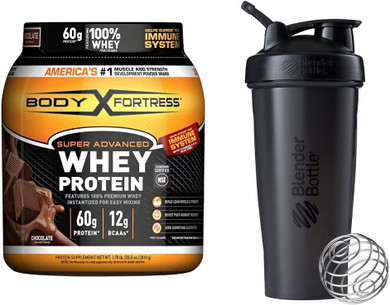 Body Fortress Super Advanced Whey Protein Powder, Chocolate (1.78 Lbs) And Blenderbottle Classic Shaker Bottle (28 Oz), Black