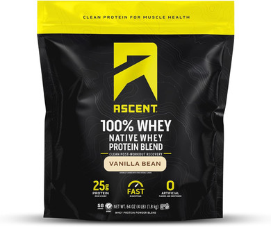 Ascent 100% Whey, Native Whey Protein Blend - Clean Post Workout Recovery, Digesting, Zero Artificial Flavors & Sweeteners, Gluten Free, 5.5G Bcaa, 2.6G Leucine, Vanilla Bean 4 Lb