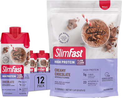 Slimfast High Protein Chocolate Bundle- 12 Count Of Chocolate High Protein Meal Replacement Shakes (20G Protein) With 26 Servings Of Chocolate High Protein Powder Mix (20G Protein)