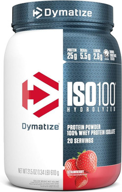 Dymatize Iso100 Whey Protein Powder Isolate, Strawberry, 25G Of Protein, 20 Servings, 5.5G Bcaas, Less Than 120 Cal., Gluten Free, 1G Fat, 1G Sugar, 2G Carb