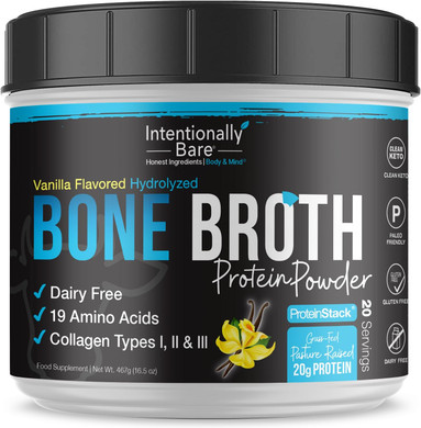 Intentionally Bare Bone Broth Organic Protein Powder Vanilla - Grass Fed Vanilla Protein With Collagen Types 1 2 & 3 - Keto Collagen Powder - Vanilla Collagen Powder For Joints & Gut - 20 Servings