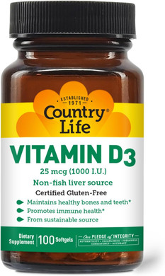 Country Life Vitamin D3, Non-Fish 1000 Iu, 100 Softgels, Certified Gluten Free