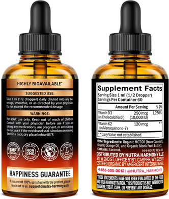 Vitamin D3 K2 Usda Organic Drops - Vitamin D3 10000 Iu & K2 As Mk-7 120Mcg - Immune & Mood Support, Bone & Teeth Health - Sugar-Free Orange Flavor - Liquid Supplement - Made In Usa - 2 Fl Oz, 60 Days