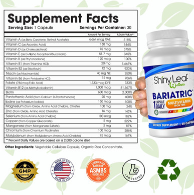 Shiny Leaf Bariatric Multivitamin Without Iron - Vitamins For Gastric Bypass & Sleeve, 1 Daily Capsule W Vitamin A, C, D, Biotin, Zinc, B12, K, Vegetarian, Soy-Free, Gmp Cert., Made In Usa (90 Ct.)