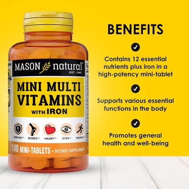 Mason Natural Mini Multi Vitamins With Iron, Vitamins A, C, D, E, B1, B2, B3, B6, B12, Folate And Calcium For Overall Health, 1 Year Supply