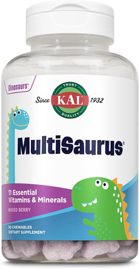 Kal Multisaurus Kids Chewable Multivitamins, 11 Essential Vitamins And Minerals For Kids, Mixed Berry Flavor, Gluten And Preservative Free, 60 Servings, 60 Dinosaur-Shaped Chewables