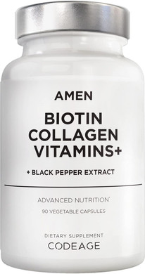 Amen Biotin Collagen Vitamins+ 10,000 Mcg Biotin Supplement - Hydrolyzed Collagen, Vitamins C & E, Folate, Hyaluronic Acid, Keratin, Msm, Saw Palmetto - 3-Month Supply - Non-Gmo - 90 Capsules