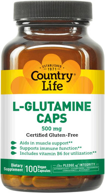 Country Life L-Glutamine 500 Mg With B6  Supports Muscle Recovery, Endurance & Athletic Performance  Vegan, Gluten-Free, Kosher Amino Acid Supplement  100 Capsules
