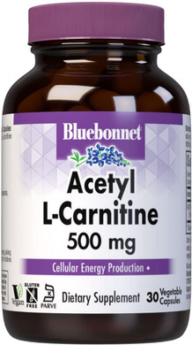 Bluebonnet Nutrition Acetyl L-Carnitine, Transports Fatty Acids, Boosts Cellular Energy, Soy & Gluten-Free, Kosher Certified, Vegan, 30 Vegetable Capsules, White, 500Mg