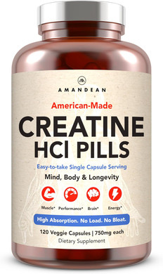 Amandean Creatine Hcl Pills. American Made Con-Cret. 120 Capsules. 7X Concentrated Vs Monohydrate Powder. No Bloat. Muscle, Energy, Cognitive, Recovery Support For Men & Women. Gluten Free, Non-Gmo