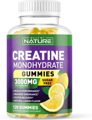 Built By Nature Sugar Free Creatine Monohydrate Gummy For Men And Women  Muscle Strength & Energy Boost Pre Workout - Natural Lemon Flavor - 120 Gummies