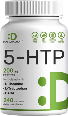 5-Htp 200Mg Per Serving, 240 Capsules, 98% African Derived Griffonia Seed Extract | 4 In 1 Formula | Plus Active L Theanine, L Tryptophan, & Gaba | Relaxation Support