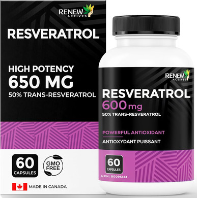 Renew Actives Resveratrol Supplement 600Mg Per Serving - High-Potency Antioxidant Complex With 50% Trans-Resveratrol  Supports Cellular Health & Longevity - Made In Canada  60 Vegan Capsules
