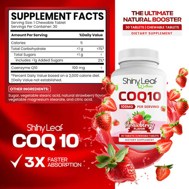 Shiny Leaf Coq10 100Mg - Chewable Coq10 Supplement - Coenzyme Q10 For Heart Health & Energy - Natural Co Q 10 Supplement For Cardiovascular Wellness - 100Mg Chewable Tablets, 60 Tablets, Made In Usa