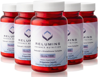 Relumins Advance Nutrition Gluta 1000 - Reduced L-Glutathione, Alpha Lipoic Acid & Rose Hips - Antioxidant Support For Skin & Overall Wellness - 30 Veg Capsules X 5 Bottles (75-Day Supply)