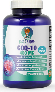 Coq10 - Co-Enzyme Q10-400 Mg Per 2 Caps Serving - 200 Veg. Caps - Excellent Price - Non-Gmo - 100 Day Supply Heart & Brain & Cell Supplement By Foxxy Doc