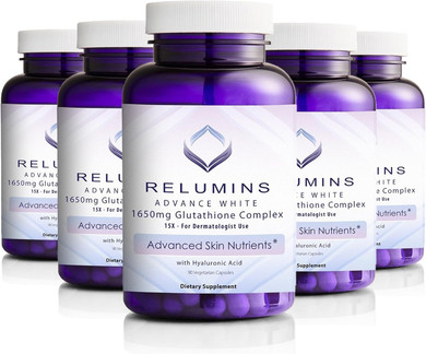 Relumins 1650Mg L-Glutathione Complex With Hyaluronic Acid, Alpha Lipoic Acid, Rose Hips, Vitamin E & Riboflavin  Antioxidant Support, Skin Hydration & Wellness  90 Veggie Capsules X 5 Bottles