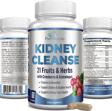 Herbal Kidney Cleanse With Cranberry Extract, Astralagus - 21 Fruits & Herbs - Detox & Cleanse Urinary Tract & Bladder Health, Kidney Support, 60 Vegan Capsules