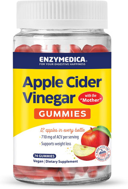 Enzymedica, Apple Cider Vinegar Gummies, Made With The Mother, 12 Organic, Usa-Grown Apples Per Bottle,[C][D] 1000 Mcg Vitamin B12 Per Serving, Natural Apple, 74 Count