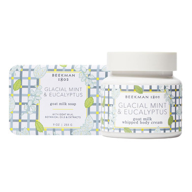 Beekman 1802 Glacial Mint & Eucalyptus Goat Milk Bar Soap (9 Oz) + Glacial Mint & Eucalyptus Whipped Body Cream (8 Oz) - Scented - Good For Sensitive Skin