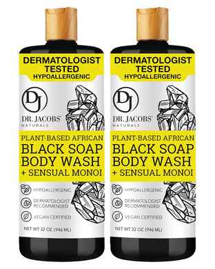 Dr Jacobs Naturals Authentic African Black Liquid Soap With Sensual Monoi Scent | All-In-One Face Wash, Sensitive Skin Body Wash, Shampoo, Shaving Soap | Moisturizing And Nourishing Formula | 32Oz 2Pk