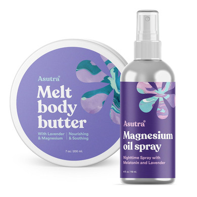 Asutra Bundle Set, 2 Products - 1 Magnesium Body Butter Lotion W/Lavender Scent And 1 Topical Magnesium Chloride Oil Spray W/Lavender & Melatonin