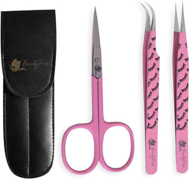 Lash Tweezers For Eyelash Extensions -Tweezer Set Straight & Curved Tweezers With Eyebrows Scissor - 3 Pieces Lash Extension Kit Stainless Steel (Pink)