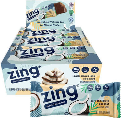 Zing Dark Chocolate Coconut Vegan Protein Bars, Gluten Free With High Protein, High Fiber, Dairy Free Nutrition Bars, Plant Based Protein, Kosher, Low Sugar, No Sugar Alcohols - 12 Count
