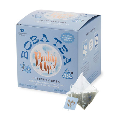 Pinky Up Butterfly Boba Tea Sachets - Low Calorie Whole Leaf Green Tea Bubble Tea - Boba Gift 12 Biodegradable Tea Bags