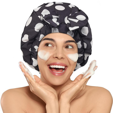 Litbear Luxury Silk Lined Shower Caps For Women Reusable Waterproof, Double Layered Large Bathing Hair Cap With Adjustable Elastic Strap, Non-Slip, Quick-Dry, For Long Short Hair, Pink Dots