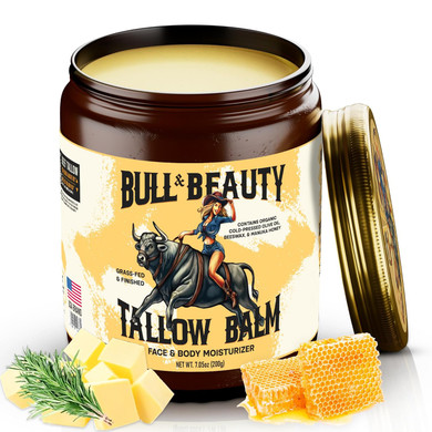 Bull & Beauty Organic Beef Tallow And Honey Balm 7.05Oz Organic Beef Tallow For Skin - 100% Grass-Fed Unscented Beef Tallow Moisturizer For Skin & Face With Manuka Honey, Olive Oil & Beeswax