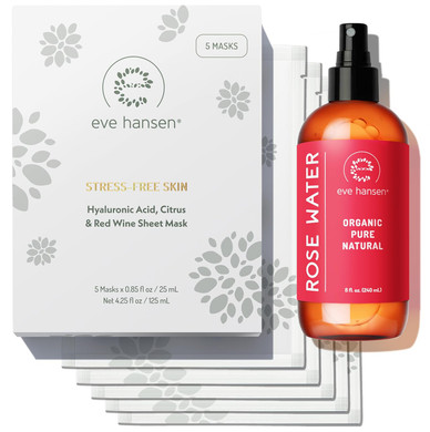 Eve Hansen Skincare Set: 5 Hyaluronic Face Mask Sheets & 8 Oz Organic Rose Water Spray  Deep Hydration, Antioxidant Care & Refreshing Toner  Set Of 2 Products For All Skin Types