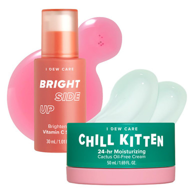 I Dew Care Bright Side Up Brightening & Hydrating Vitamin C Serum With Niacinamide + I Dew Care Moisturizer Face Cream - Chill Kitten 1.69 Fl Oz Bundle