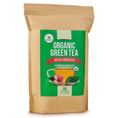 Kiss Me Organics Green Tea With Hibiscus Flower - Organic, Traditional, Green Tea Bags For A Hot Or Cold Brew - 100 Tea Bags (1 Pack)