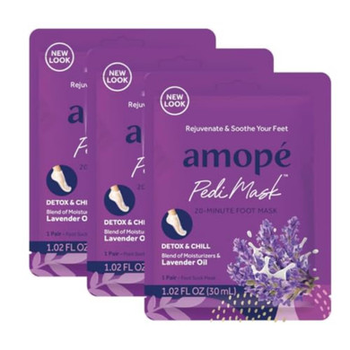 Amopé Pedimask 20-Minute Foot Mask, Intensely Moisturizing Socks, Rejuvenates & Soothes, Self-Care, W/ Lavender Oil, Urea, A Blend Of Moisturizers & Vitamin Complex For Long Lasting Hydration, 3 Pair