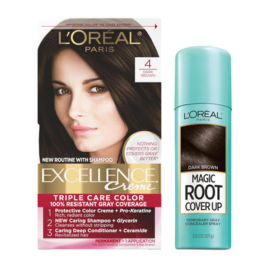 LOréal Paris Excellence Universal Nudes Permanent Hair Color, Ammonia Free For Gray Hair Coverage, 4N Natural Dark Brown, 1 Hair Dye Kit + Magic Root Cover Up Gray Concealer Spray Dark Brown 2 Oz
