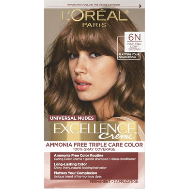 LOreal Paris Excellence Universal Nudes Permanent Hair Color, Ammonia Free Hair Dye For Gray Hair Coverage, 6N Natural Light Brown, 1 Hair Dye Kit