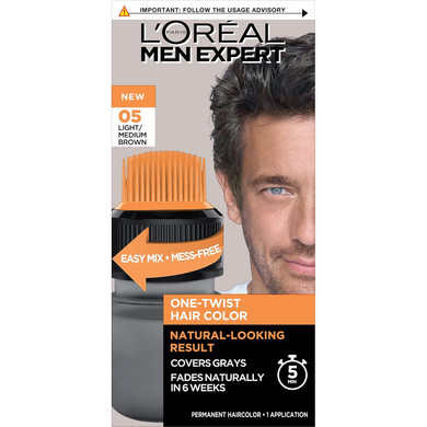 LOreal Paris Men Expert One Twist Mess Free Permanent Hair Color, Mens Hair Dye To Cover Grays, Easy Mix Ammonia Free Application, Light Brown 06, 1 Application Kit
