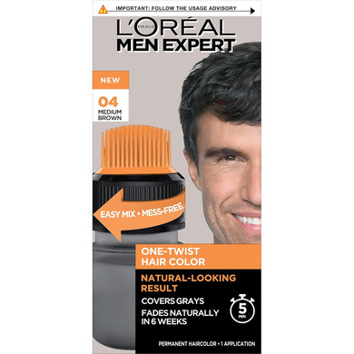 LOreal Paris Men Expert One Twist Mess Free Permanent Hair Color, Mens Hair Dye To Cover Grays, Easy Mix Ammonia Free Application, Medium Brown 04, 1 Application