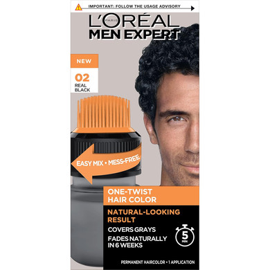 LOreal Paris Men Expert One Twist Mess Free Permanent Hair Color, Mens Hair Dye To Cover Grays, Easy Mix Ammonia Free Application, Real Black 02, 2 Application Kit