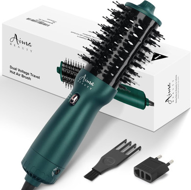 Aima Beauty 4 In 1 Worldwide Travel Hot Air Brush Dual Voltage Blowout Brush Oval Shape 110V-120V/220V-240V Straightener Blow Dryer Brush Ionic Lock Moisture Gift 360° Swivel Cord Champagne Silver