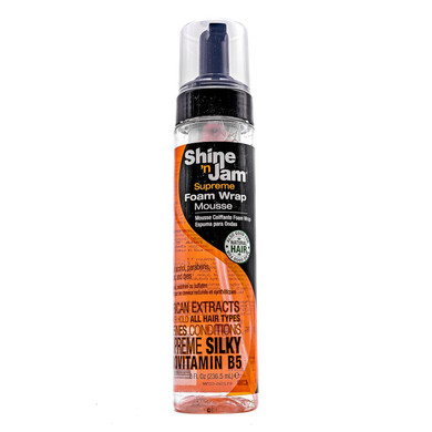 Ampro Shine-N-Jam Supreme Hold Foam Wrap Mousse - Fortified With Silk Proteins - Gives Your Styles Definition - Alcohol-Free Formula Conditions Hair With Provitamin B And African Extracts - 8 Oz