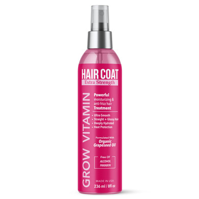 Grow Vitamin Hair Coat Extra Strength Spray - Anti-Frizz, Anti-Humidity, & Heat Protectant With Organic Grapeseed Oil - Lightweight, Alcohol-Free, Paraben-Free, Vegan Formula - 8 Fl Oz