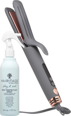 Hairitage Ceramic Tourmaline 2In1 Flat Iron Hair Straightener Curling Iron - 1 1/4 Inch - Airflow Styler + Heat Protectant Spray - Curved Edges - Curling + Straightening - 420 Degree Heat Protection