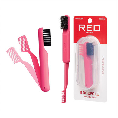 Red By Kiss 2-In-1 Foldable Comb & Edge Brush With Travel Case, Compact Palm-Sized Design, 100% Soft Boar Bristles For Smooth Hair & Edge Control, Portable Hair Styling Tool (Purple)